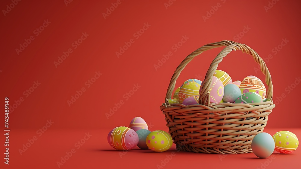 3d render of easter basket with colorful easter eggs over red background