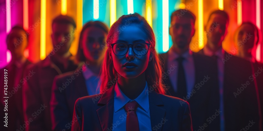 Portrait of a group of young business people. Young colleagues are looking at the camera with a serious expression on their faces. A group of office workers. Neon lights.
