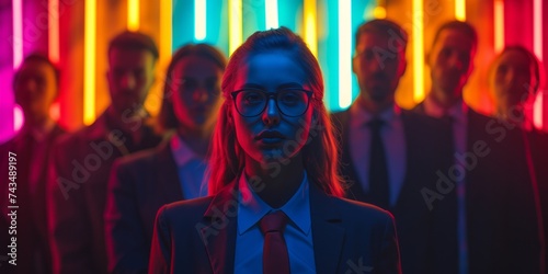 Portrait of a group of young business people. Young colleagues are looking at the camera with a serious expression on their faces. A group of office workers. Neon lights.