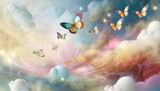 Butterflies flutter between pastel clouds and a field of flowers.