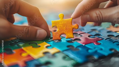 Hands and puzzle, Creative Business People Holding Colorful Puzzle Pieces, Top view, hands of an autistic child play colorful puzzle which is a symbol, Generative Ai