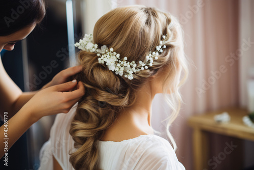Hairstylist arranging beautiful bridal hairstyle with flowers