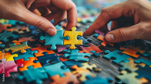 Hands and puzzle, Creative Business People Holding Colorful Puzzle Pieces, Top view, hands of an autistic child play colorful puzzle which is a symbol, Generative Ai