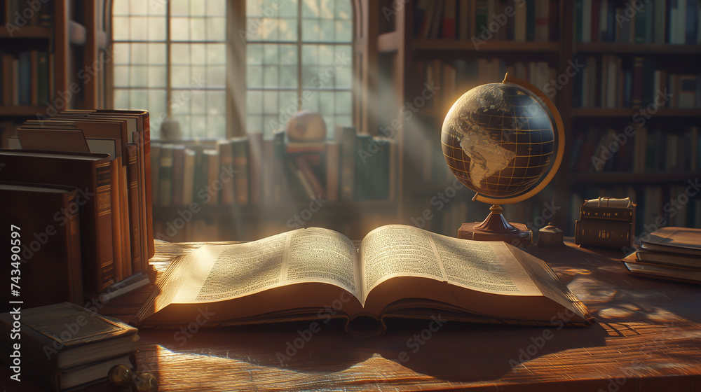 An open book and a globe bask on table and bookshelf with sunlight streaming through window. World book day, back to school, knowledge and education concept. An open book and a globe bask on table and bookshelf with sunlight streaming through window. World book day, back to school, knowledge and education concept.
