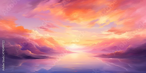 watercolor sunset background captures the serene beauty of the sun dipping below the horizon, painting the sky with a stunning array of warm colors. In this illustration, soft shades of orange, pink,  ©  Photography Magic