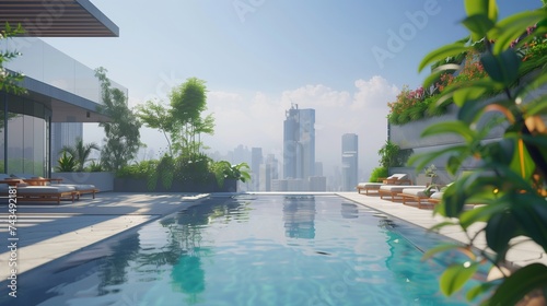 A modern rooftop pool with infinity edges, surrounded by lounge chairs, lush greenery, and panoramic views of the city skyline.