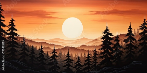 serene image captures the beauty of a sunset behind the silhouette of trees in the mountains. The sun dips below the horizon  casting a warm orange glow across the sky 