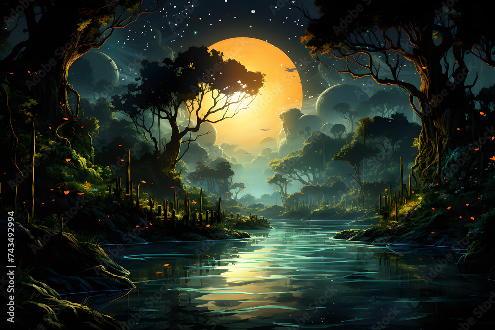 Mystical Rainforest with River and Moon at Night. Fantasy Dark Forest