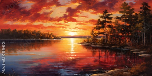 beautiful scenic view unfolds as the red sunset casts its warm glow over a tranquil lake. The sky is ablaze with fiery hues of red, orange, and gold, painting a breathtaking tableau 