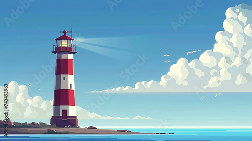Tall red and white striped lighthouse.
