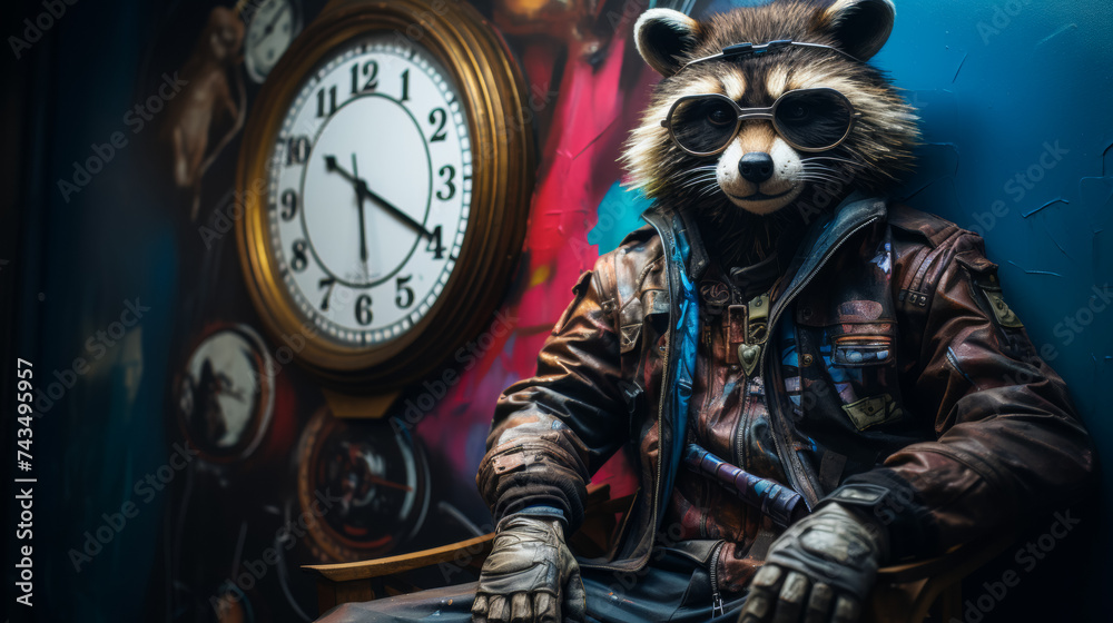 Picture a stylish raccoon in a leather moto jacket, accessorized with a vintage pocket watch and a fedora. Amidst a backdrop of urban graffiti, it exudes streetwise cool. The atmosphere: edgy and urba