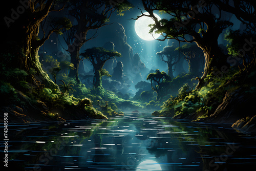 Mystical Rainforest with River and Moon at Night. Fantasy Dark Forest