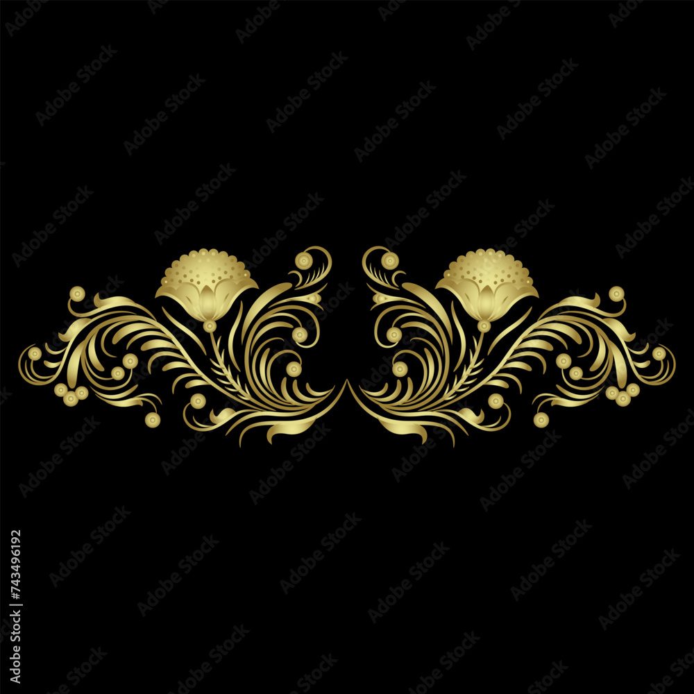 Symmetrical floral design with blooming branches. Folk Russian medieval motif. Ornate botanical border. Golden glossy silhouette on black background.