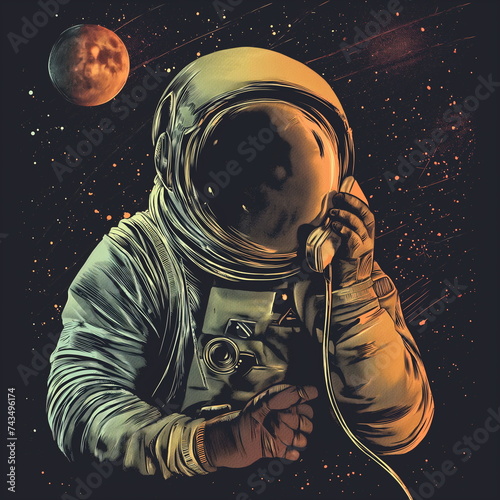 Illustration of an astonaut calling by vintage phone, call center concept photo