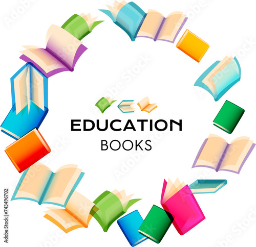 Books collection. Frame from flying different colorful paper books.