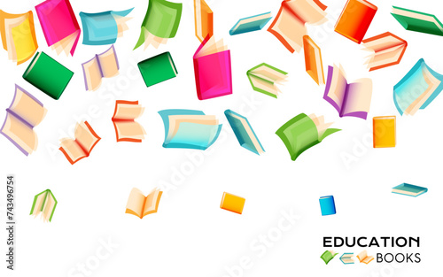 Books collection. Top border from flying different colorful paper books.