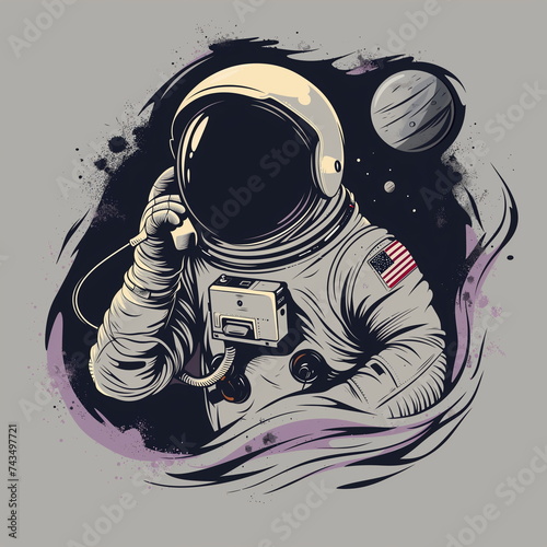 Illustration of an astonaut calling by vintage phone, call center concept photo