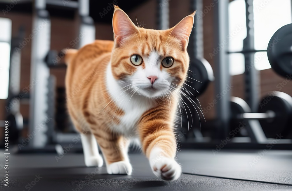 Sports cat on training workout in the gym Sports cat on training workout in the gym