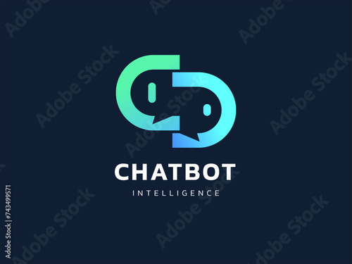 Chat Bot Artificial Intelligence Technology with Robot and Human Chatting Conversation logo vector design concept. Robot Virtual Assistance logotype symbol for AI Technology, online support, services.