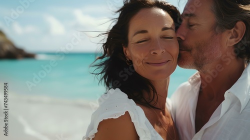 Romantic couple enjoying a beach getaway. intimate moment by the sea. relaxation and love captured in style. casual summer elegance. AI