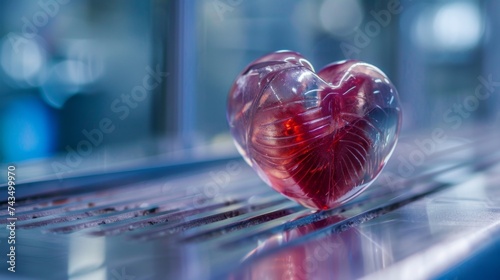Glass heart on a reflective surface, representing themes of love, health, and clarity.