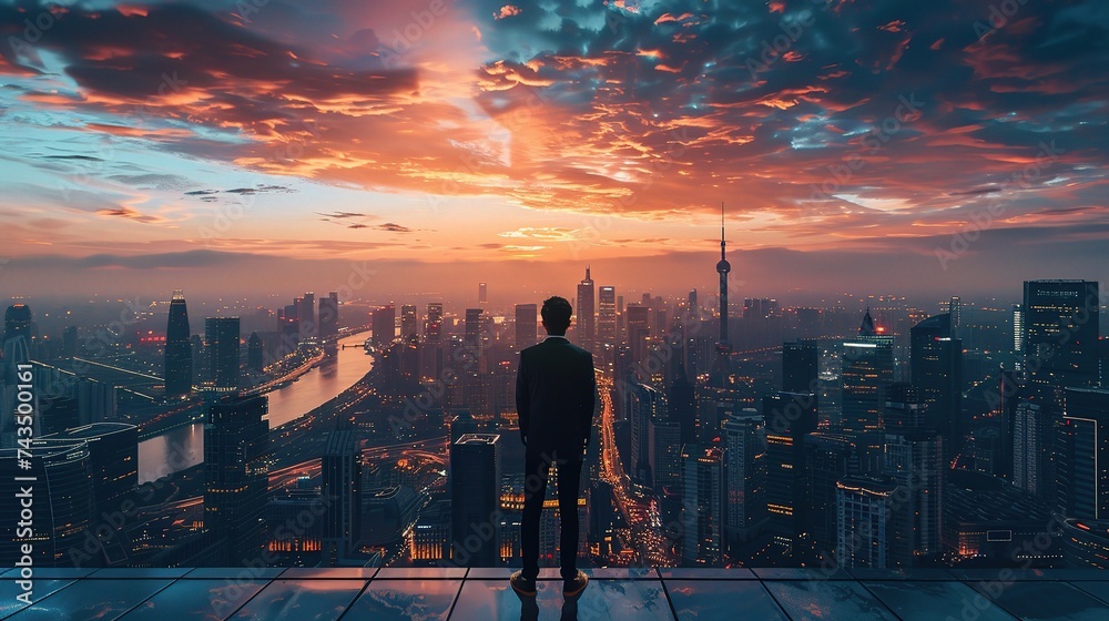 Businessman standing on a roof and looking at city - obrazy, fototapety, plakaty 