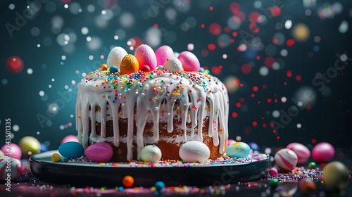 Easter cake decorated with icing and candy eggs
