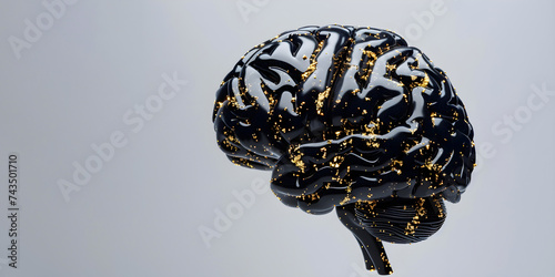 Close-up of human brain golden and black color on gray background.  Metamodernism. Banner photo