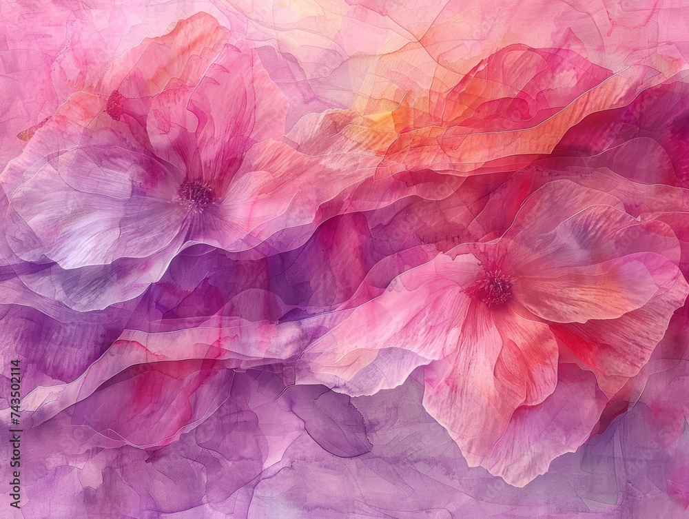 This image captures the delicate beauty of pink flowers in a dreamy abstract watercolor style, blending vibrant and soft hues artistically.