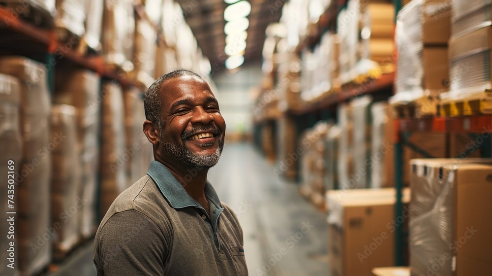 Happy Worker Smiling in Warehouse Aisle, Ideal for Business and Logistics Marketing Material