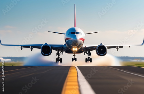 Airplane takes off on the runway, front view