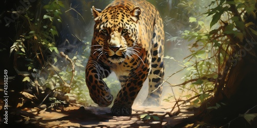 In the wild  a majestic leopard moves stealthily through its natural habitat. Its sleek fur blends seamlessly with the dappled sunlight filtering through the trees as it prowls with grace and agility.