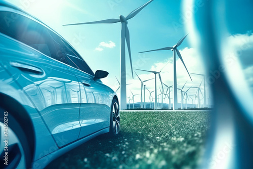 Electric Car Drives Past Windmills on Road © Anoo