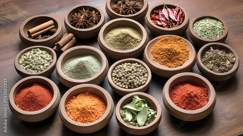 Assortment of Spice-filled Bowls for Flavorful Cooking Assortment of Spice-filled Bowls for Flavorful Cooking