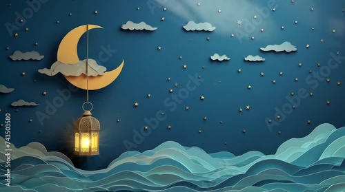 islamic lantern 3d art paper cut loop animation illustration with moon, clouds and stars for ramadan kareem or eid mubarak. al fitr adha event ceremony greeting banner background photo