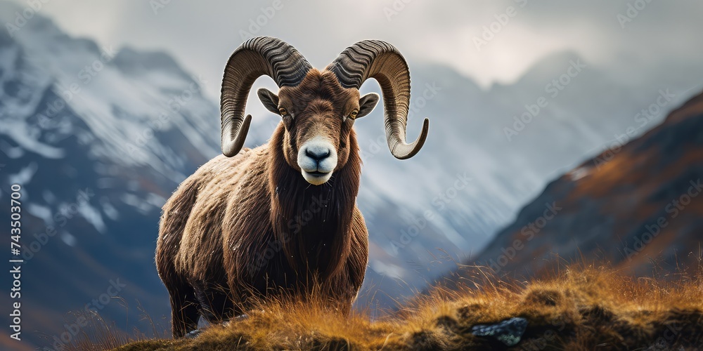 natural habitat, the big European mouflon roams with confidence and grace. With its majestic curved horns and thick woolly coat, it stands out against the rugged landscape. 