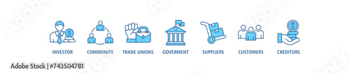 Stakeholder relationship banner web icon set vector illustration concept for stakeholder, investor, government, and creditors with icon of community, trade unions, suppliers, and customers