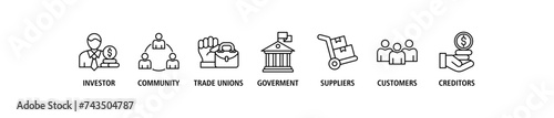 Stakeholder relationship banner web icon set vector illustration concept for stakeholder, investor, government, and creditors with icon of community, trade unions, suppliers, and customers