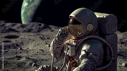 astonaut calling by vintage phone, call center concept. Realistic photo photo