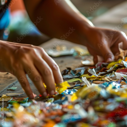 Eco-conscious Hands: Close-up of Hands Sorting Through Plastic Pieces for Recycling, Promoting Sustainable Practices and Environmental Awareness