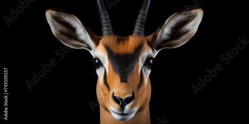 close-up shot, the elegant beauty of a Thompson's gazelle is revealed. With its sleek body and distinctive markings, it exudes grace and agility. Its large, soulful eyes convey a sense of alertness photo