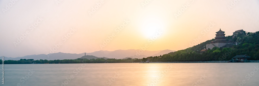 sunset over the lake in summer palace