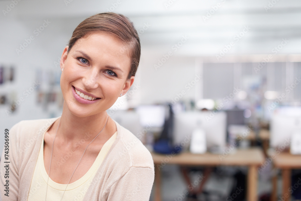 Portrait, office and woman with smile in creative company and career in design with joy. Employee, professional and working as staff, business and female person with happiness for casual workplace Portrait, office and woman with smile in creative company and career in design with joy. Employee, professional and working as staff, business and female person with happiness for casual workplace