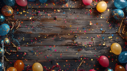 Colorful carnival or party frame of balloons, streamers and confetti on rustic wooden board photo