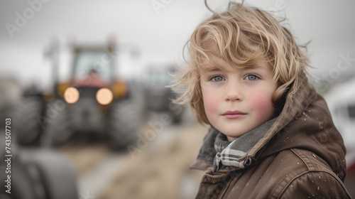 Child Standing by a Tractor During a Farmers' Strike