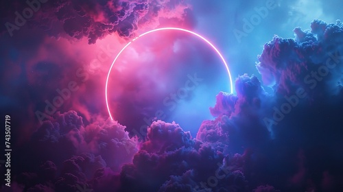 colorful neon ring glowing inside the stormy cloud on the dark sky, abstract background