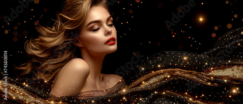 beautiful woman model with gold glitter. for banner ,postcard, poster, web site, greeting invitation. Copy Space. high detail, perfect lines.