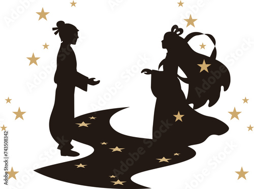 七夕　夏　織姫　彦星　牽牛　シルエット　人物　男性　女性　イラスト素材