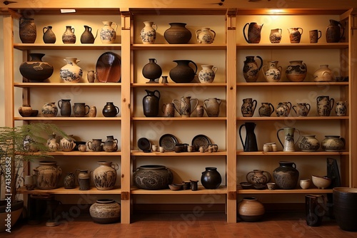 Japanese Tea Room Interior Designs: Rustic Shelving Unit Pottery Display Palette