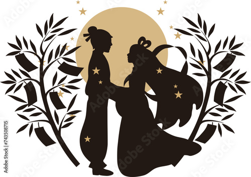 七夕　夏　織姫　彦星　牽牛　シルエット　人物　男性　女性　イラスト素材